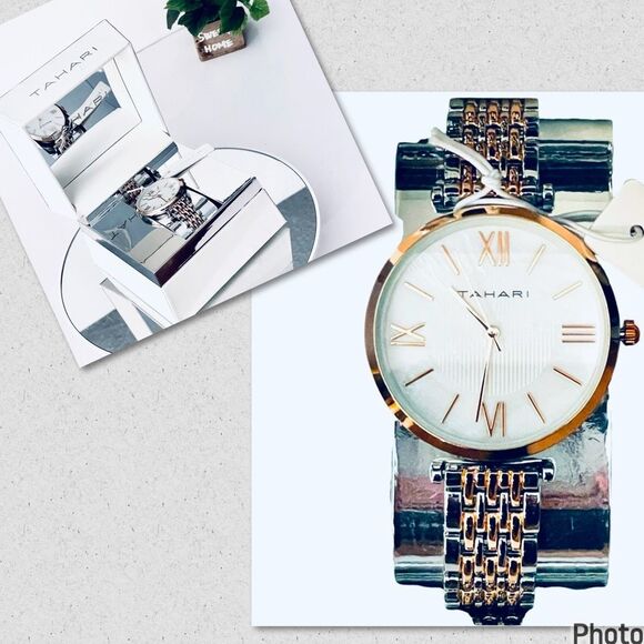 NWT Gorgeous  Tahari Silver Gold Quartz White Dial Stainless Steel Women's Watch - Picture 1 of 16
